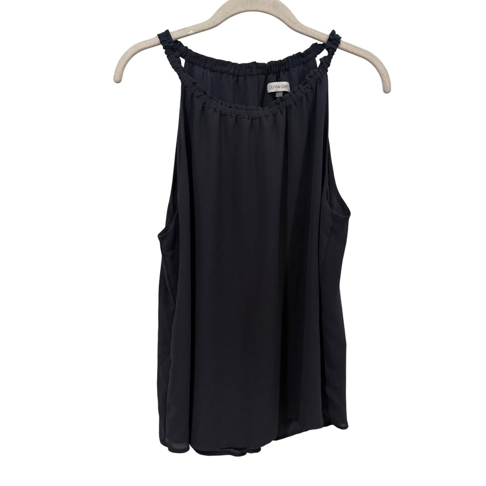 Olivia Grey Navy Blue Halter Neck Ruffle Blouse Sleeveless Chiffon Top Large